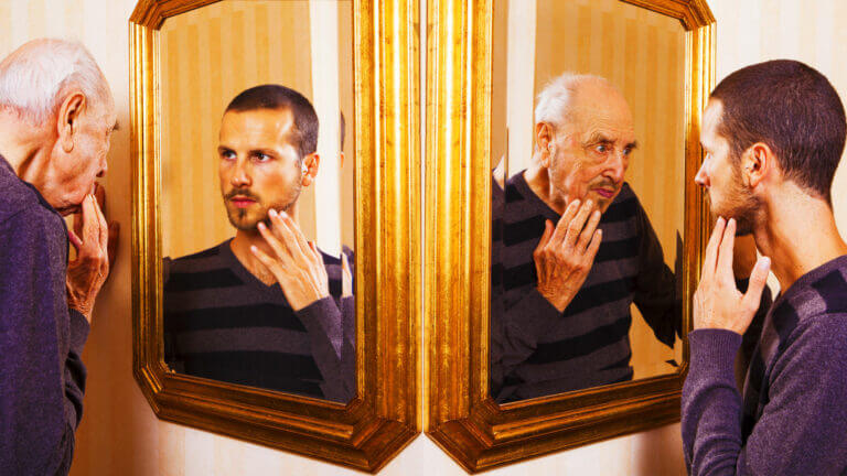 Two actors looking in the mirror thinking about how they can age up or down for a role.