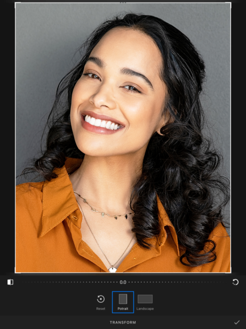 Photo of a smiling actress in the "image transform" tool on the Casting Networks app.