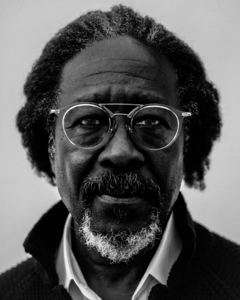 Black and white photo of Clarke Peters looking stoic.