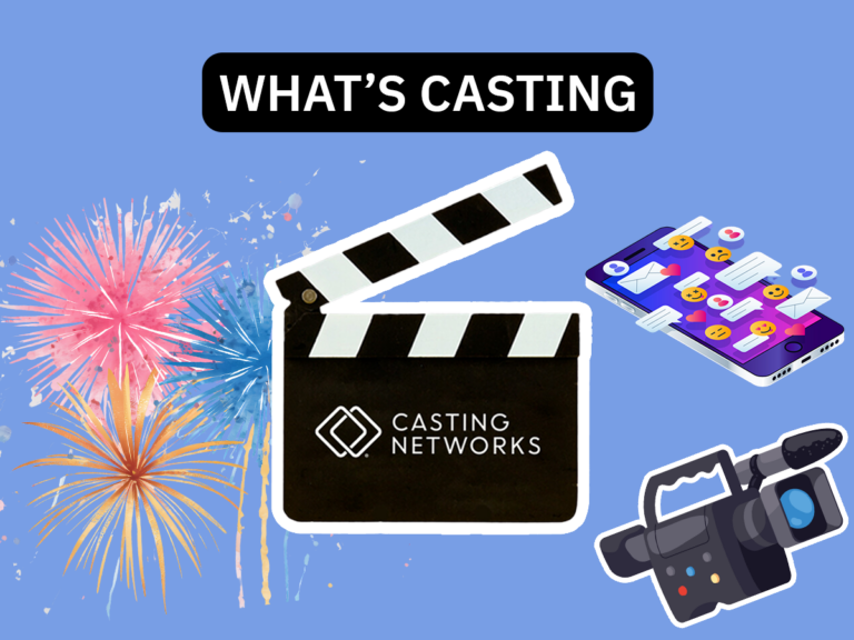 Collage of fireworks, phone with texts and emojis and a movie camera.