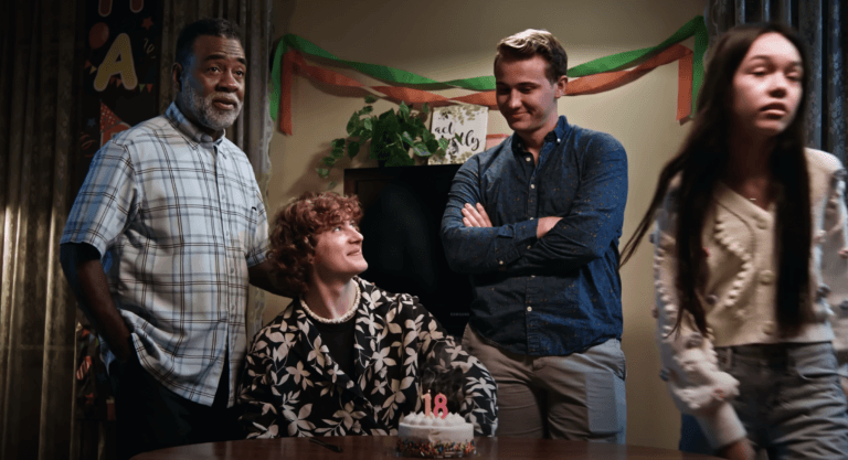 Morgan Seiter and several actors filming a birthday party scene.