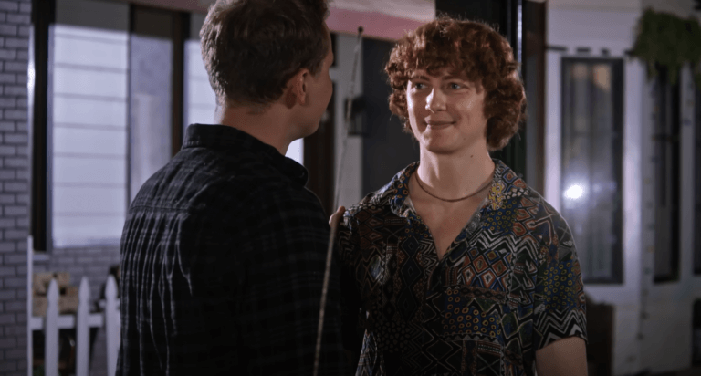 Morgan Seiter talking to a friend on set.
