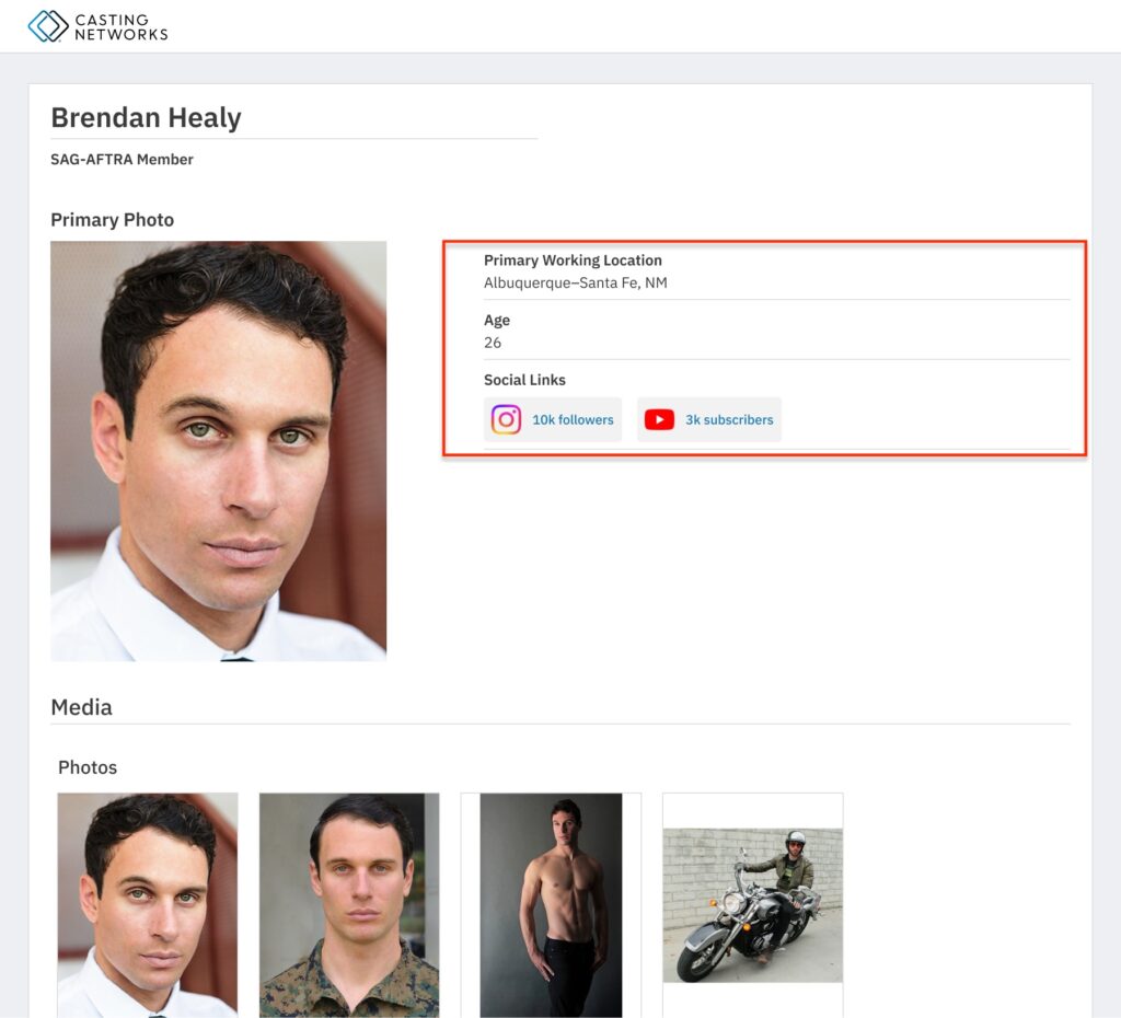 Casting Networks profile for SAG-AFTRA actor Brendan Healy, including his social links for Instagram and YouTube.