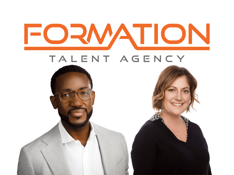 Formation Talent Agency president and senior vice president Rick Estimond and Lauren Williams smiling behind the Formation Talent Agency logo.
