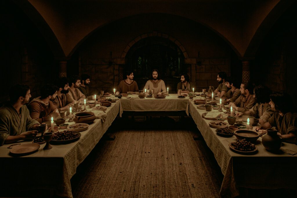 Jesus surrounded by his 12 apostles at the Last Supper on the TV series The Chosen.
