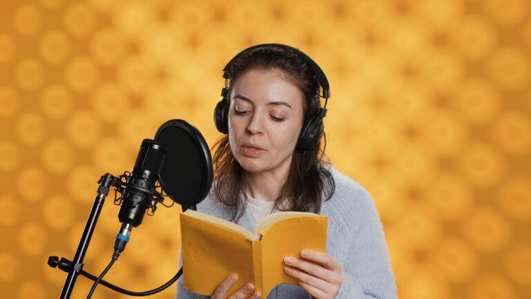 audiobook narrator wearing headphones and talking into a microphone while reading a book.