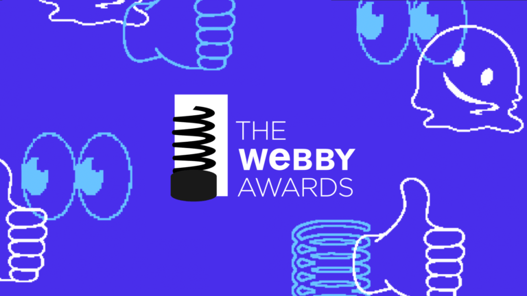 Webby Awards logo o a blue background with various emoji outlines.