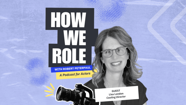 Collage of casting director Lisa London, a video camera and the "How We Role" podcast logo over a blue fingerprint looking folder.